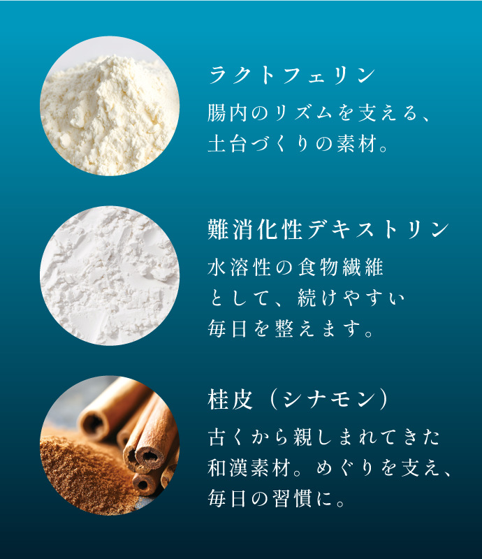 ラクトフェリン・桂皮（シナモン）・難消化性デキストリン