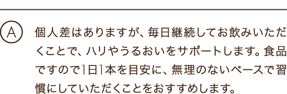 個人差はありますが、毎日継続してお飲みいただくことで、ハリやうるおいをサポートします。