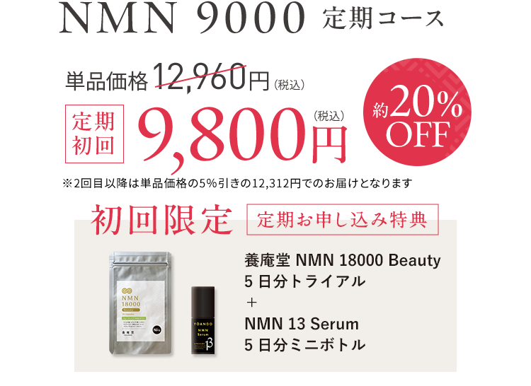 NMN 9000定期コース　単品価格12,960円（税込）定期初回9,800円(税込)約20%OFF 初回限定NMN美容液がセット朝晩たっぷり5日分  通常価格 3,344円（税込）NMN13 Serumの ミニボトルをセットでお届け!