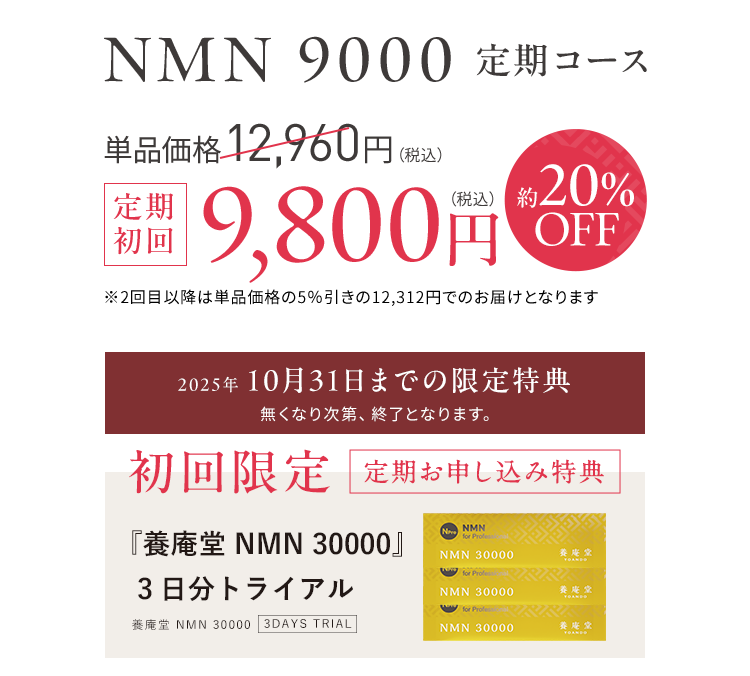 NMN 9000定期コース　単品価格12,960円（税込）定期初回9,800円(税込)約20%OFF 初回限定NMN美容液がセット朝晩たっぷり5日分  通常価格 3,344円（税込）NMN13 Serumの ミニボトルをセットでお届け!