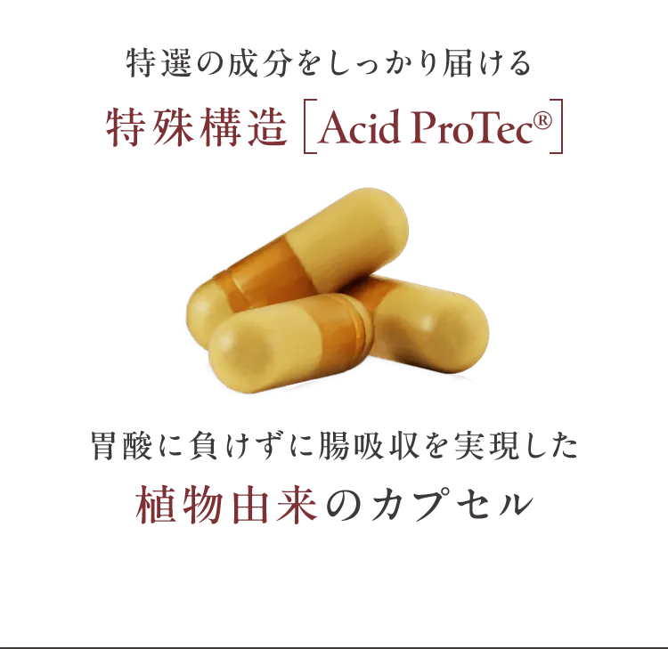 特選の成分をしっかり届ける特殊構造  Acid ProTec®胃酸に負けずに腸吸収を実現した植物由来のカプセル